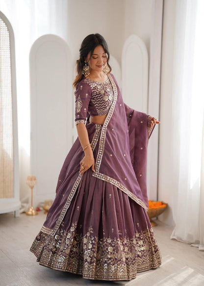 Heavy Simar Silk Lehenga Set with Thread & Sequin Work | 3-Meter Flair | Full-Stitched Wine