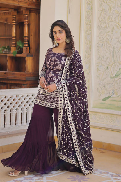 Premium Designer Top- Gharara sharara Set ( Wine Colour )