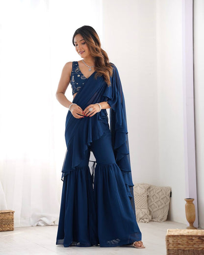 Ready-to-Wear Sharara Saree with Embroidered Blouse – Teal Blue