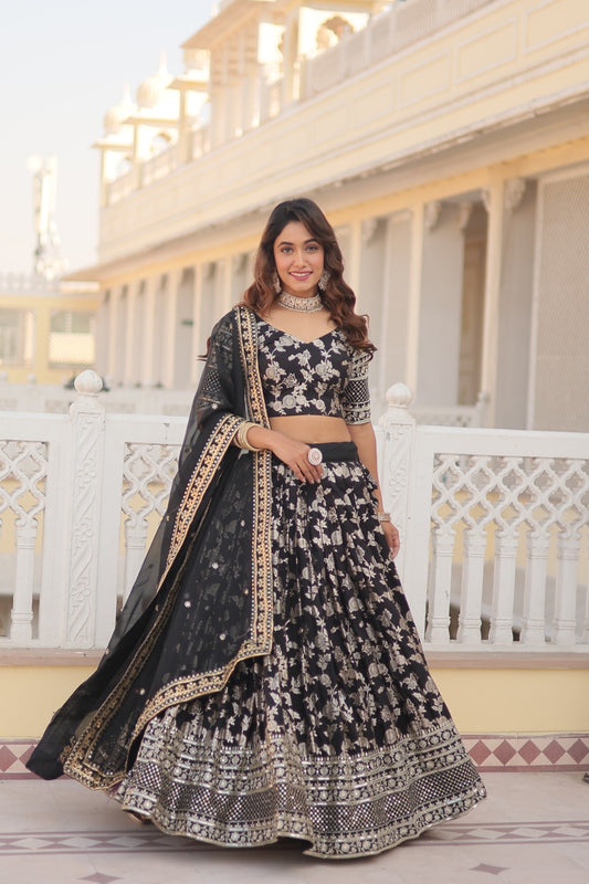 Designer Viscose Jacquard Fabric Lehenga choli & Dupatta Set Full Stitched (Black)