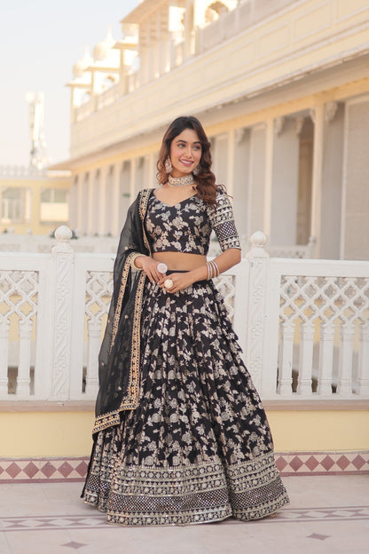 Designer Viscose Jacquard Fabric Lehenga choli & Dupatta Set Full Stitched (Black)