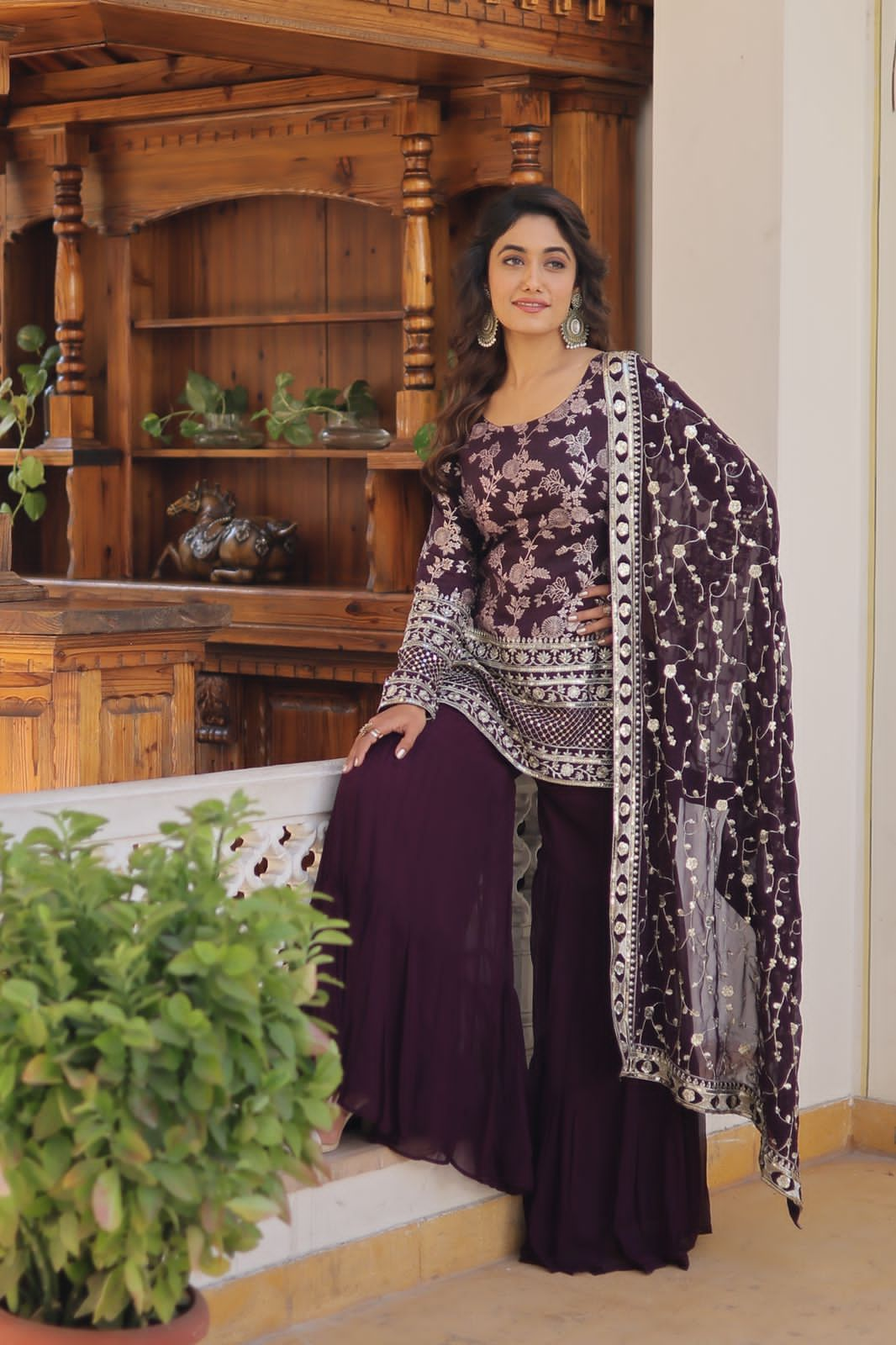 Premium Designer Top- Gharara sharara Set ( Wine Colour )