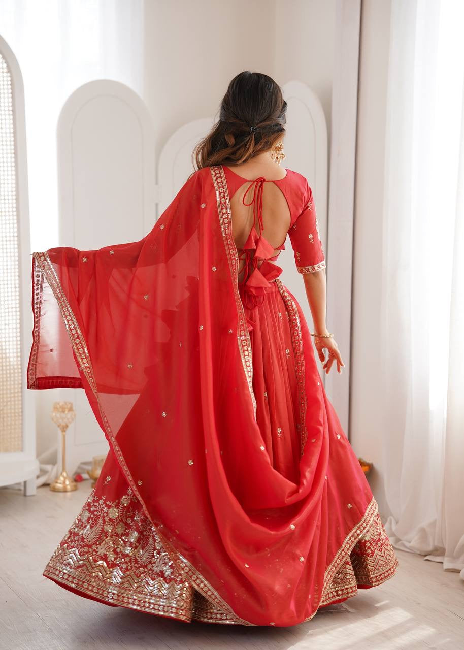 Heavy Simar Silk Lehenga Set with Thread & Sequin Work | 3-Meter Flair | Full-Stitched Orange