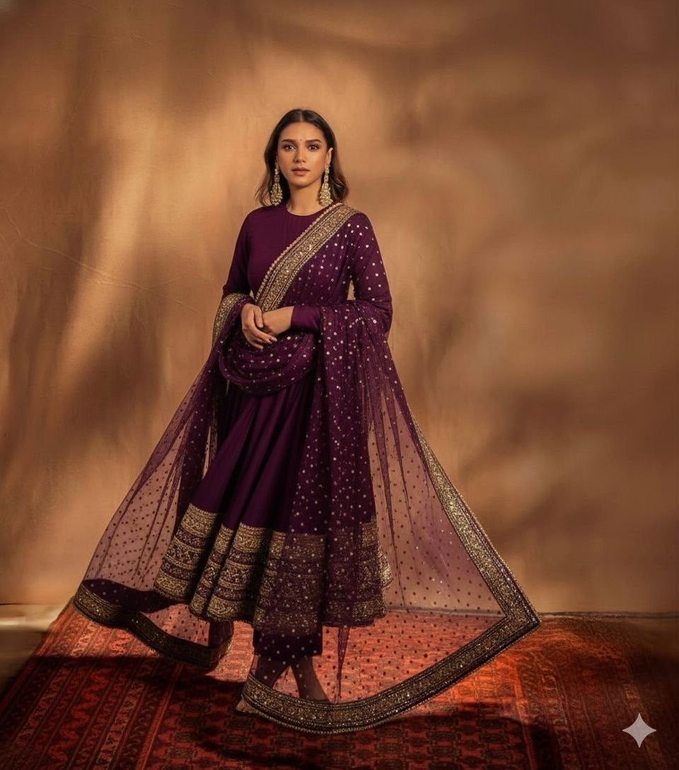 Designer Faux Georgette Gown with Embroidered Dupatta Wine