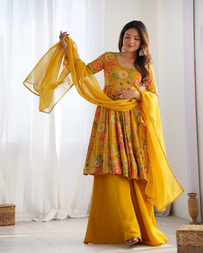 Elegant Floral Printed kediya kurta palazzo Set – Yellow
