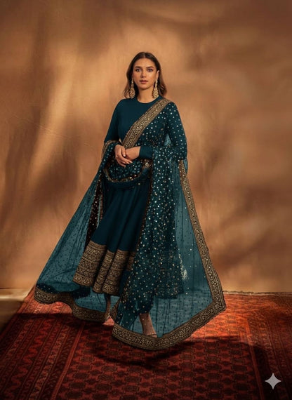 Designer Faux Georgette Gown with Embroidered Dupatta Blue