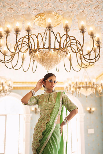 Premium Ready-to-Wear Chinon Drape Saree with Embroidered Stitched Blouse - Green