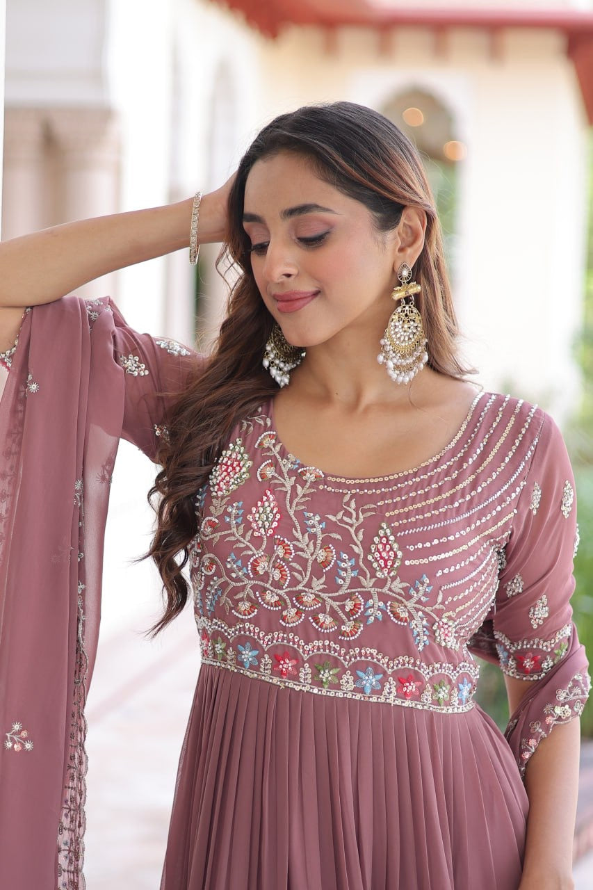 Premium Ready-Made Designer Gown with Embroidered Dupatta (dusty rose)