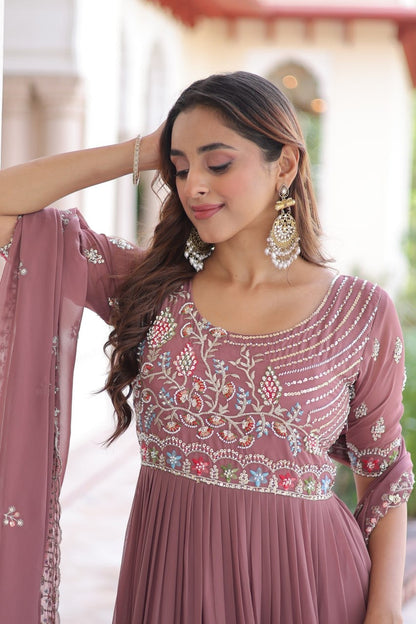 Premium Ready-Made Designer Gown with Embroidered Dupatta (dusty rose)
