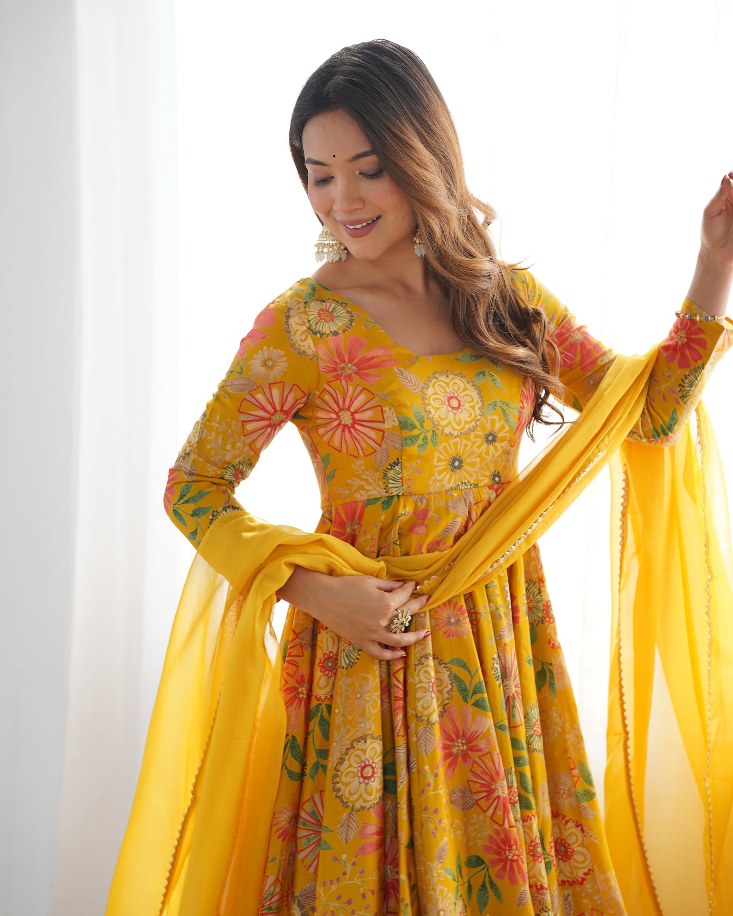 Elegant Floral Printed kediya kurta palazzo Set – Yellow