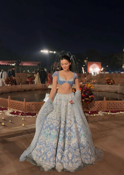 Powder Blue Slub Silk Lehenga Set with Resham Dori & Rainbow Sequin Work | 3.25 Meter Flair