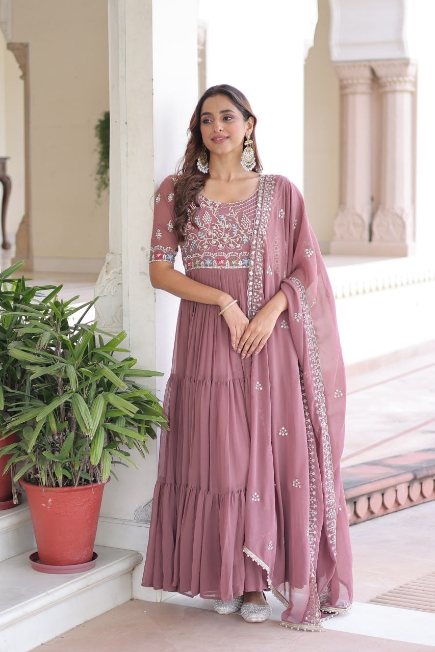 Premium Ready-Made Designer Gown with Embroidered Dupatta (dusty rose)