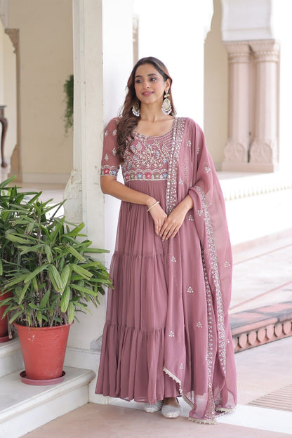 Premium Ready-Made Designer Gown with Embroidered Dupatta (dusty rose)