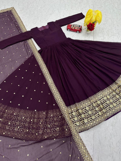 Designer Faux Georgette Gown with Embroidered Dupatta Wine