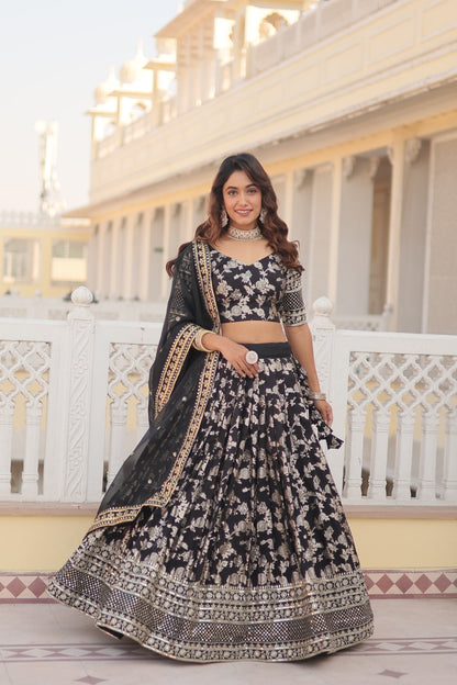 Designer Viscose Jacquard Fabric Lehenga choli & Dupatta Set Full Stitched (Black)