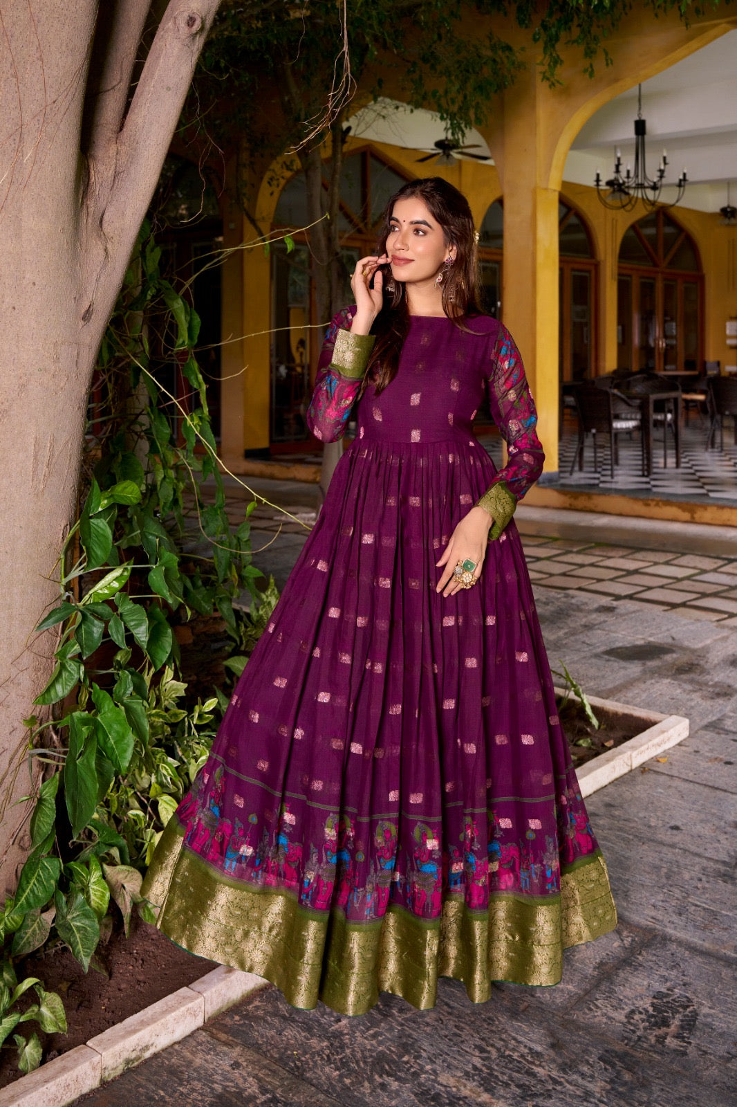 Kalamkari Print Poly Cotton Gown with Zari Weaving Koti
