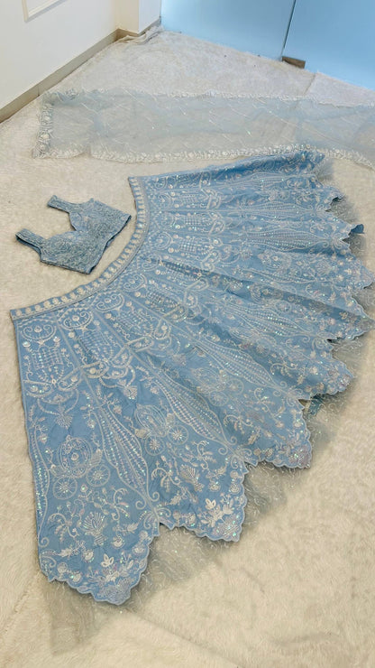 Powder Blue Slub Silk Lehenga Set with Resham Dori & Rainbow Sequin Work | 3.25 Meter Flair