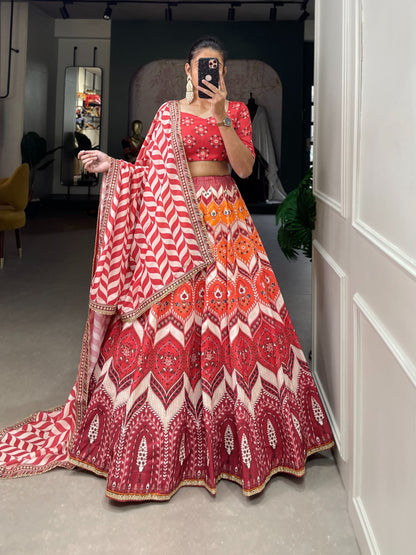 Printed Vaishali Silk Lehenga Choli (Orange)