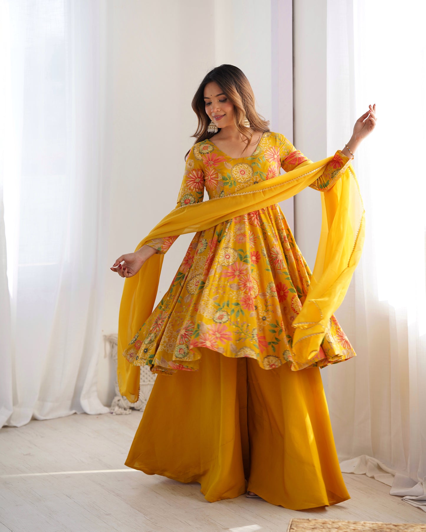 Elegant Floral Printed kediya kurta palazzo Set – Yellow