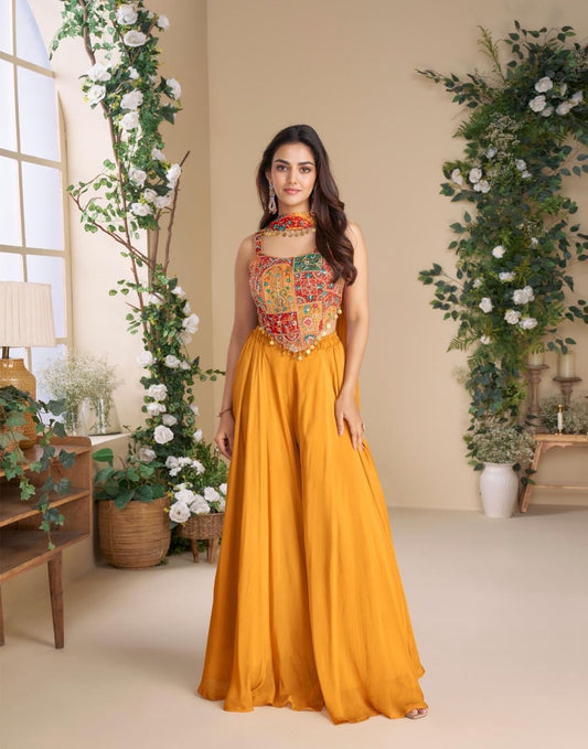 Premium Ethnic Wear – MOON by Sayuri | Hand Embroidered Blouse with Plazzo & Dupatta (orange)