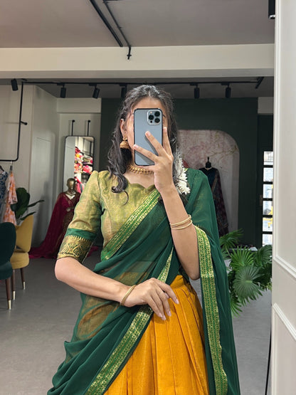 Yellow Kanchipuram Silk Lehenga with Stitched Blouse