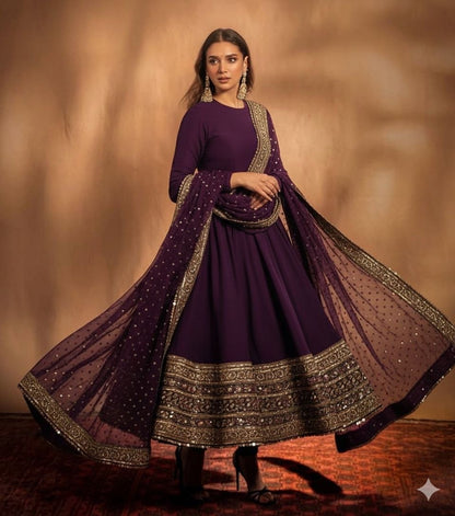 Designer Faux Georgette Gown with Embroidered Dupatta Wine