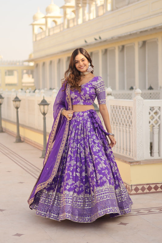 Designer Viscose Jacquard Fabric Lehenga choli & Dupatta Set Full Stitched (Purple )