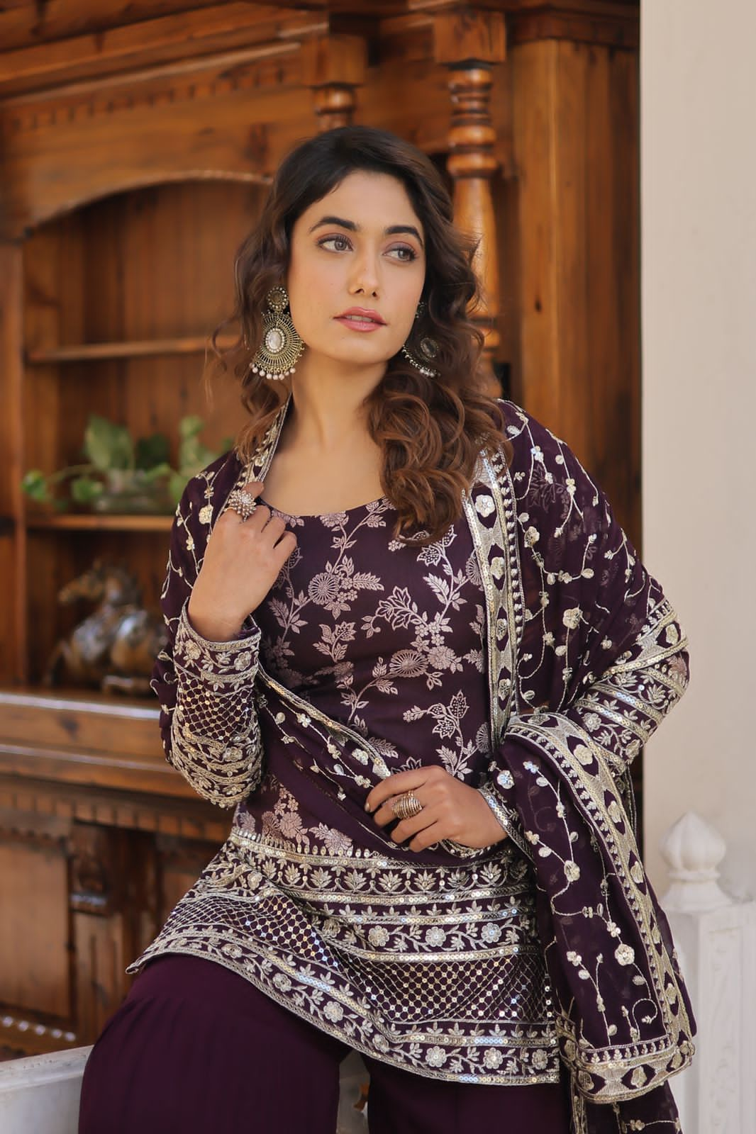 Premium Designer Top- Gharara sharara Set ( Wine Colour )