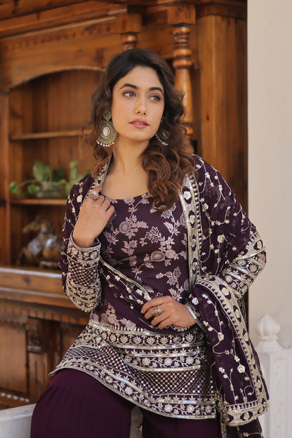 Premium Designer Top- Gharara sharara Set ( Wine Colour )