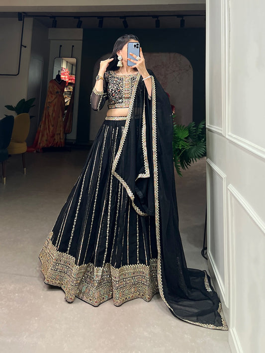 Black Georgette Lehenga With Sequins Embroidery Choli Full Stitched - Yashodhara Lifestyle