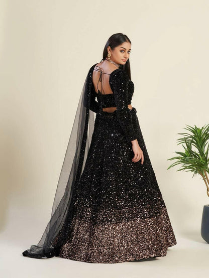 Black Velvet Glitter Lehenga with Stitched Blouse - Yashodhara Lifestyle