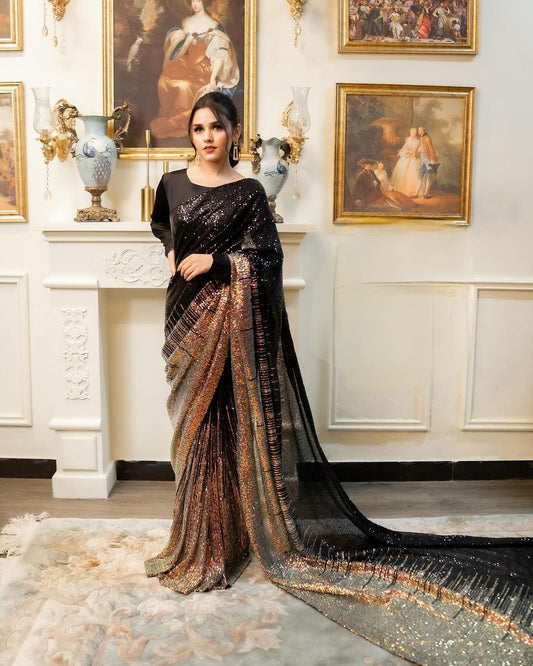 Black and gold sequin georgette saree with stitched blouse - Yashodhara Lifestyle