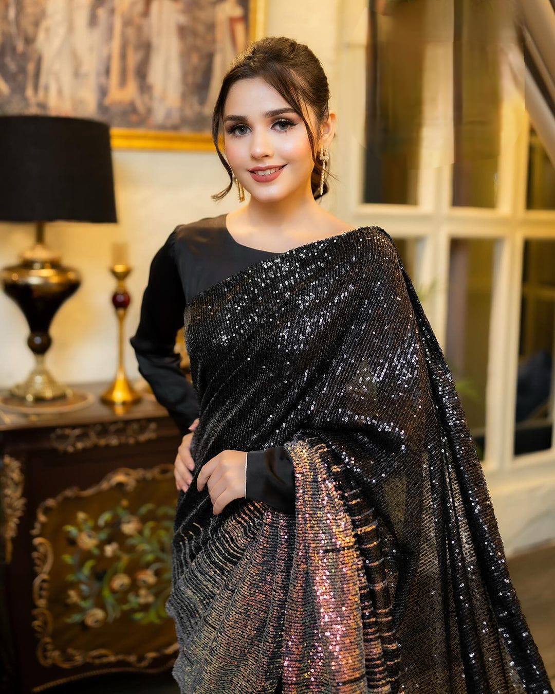 Black and gold sequin georgette saree with stitched blouse - Yashodhara Lifestyle