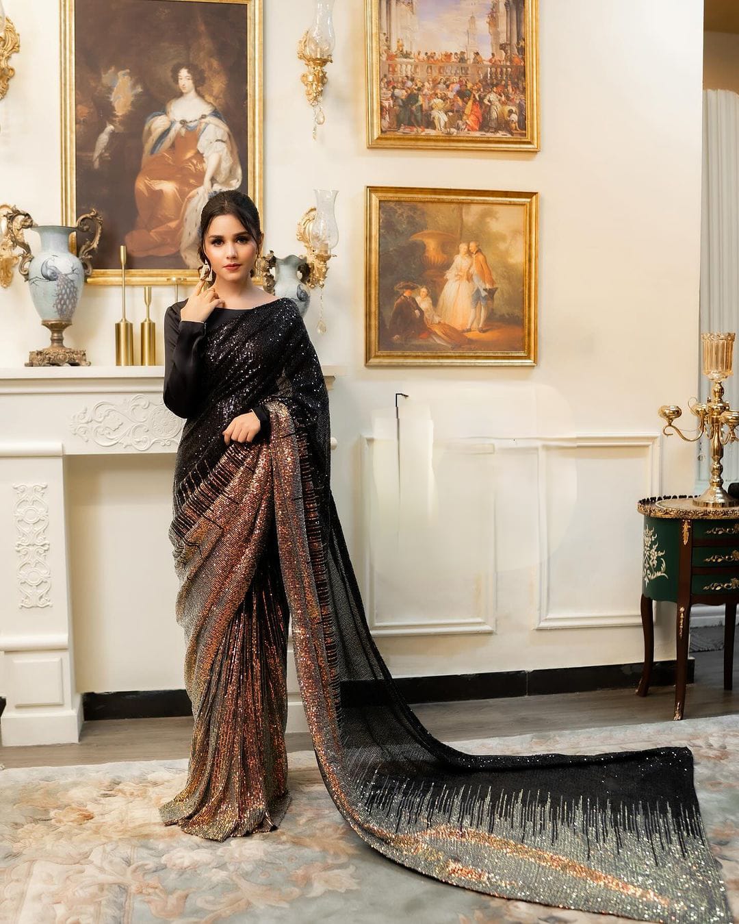 Black and gold sequin georgette saree with stitched blouse - Yashodhara Lifestyle