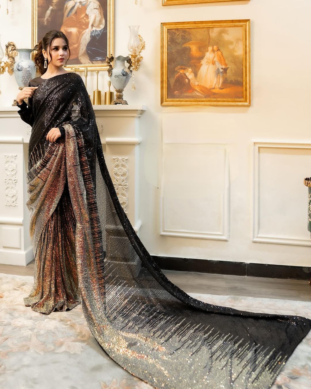 Black and gold sequin georgette saree with stitched blouse - Yashodhara Lifestyle