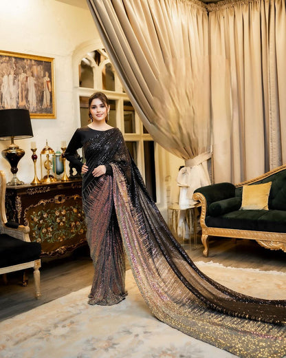 Black and gold sequin georgette saree with stitched blouse - Yashodhara Lifestyle