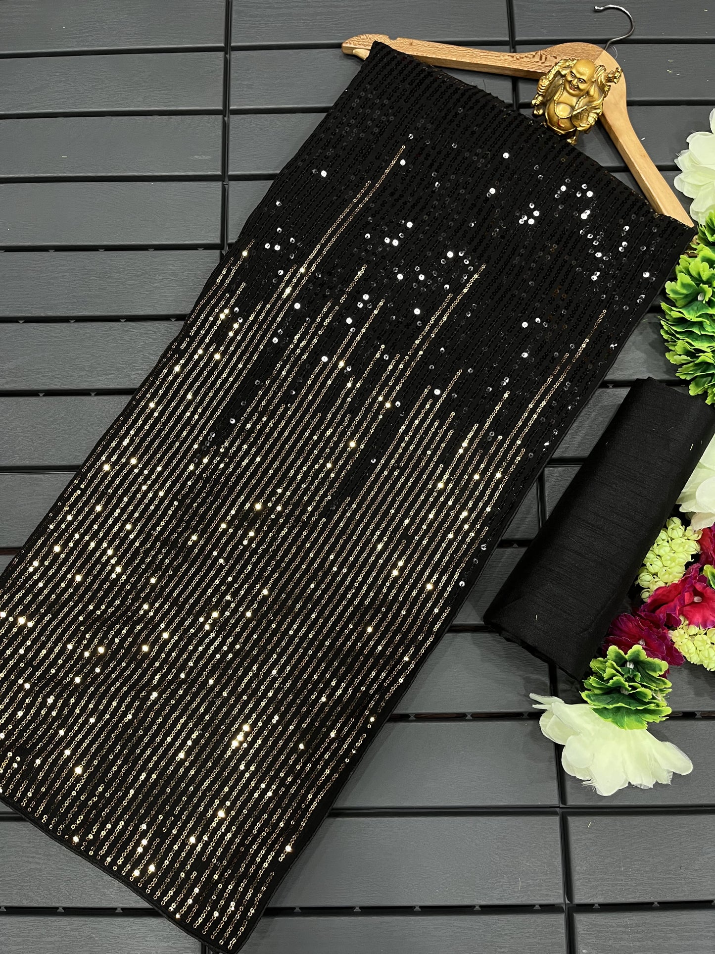 Black and gold sequin georgette saree with stitched blouse - Yashodhara Lifestyle