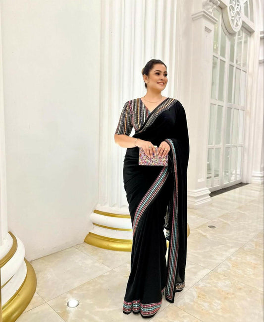 Black georgette with sequins lace border saree - Yashodhara Lifestyle