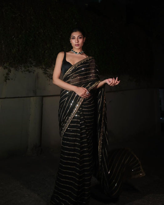 Black with golden sequence sparkling saree with stitched blouse - Yashodhara Lifestyle