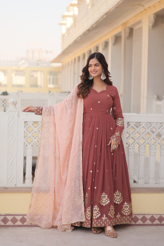 Brown faux georgette designer gown with embroidered sequins - Yashodhara Lifestyle