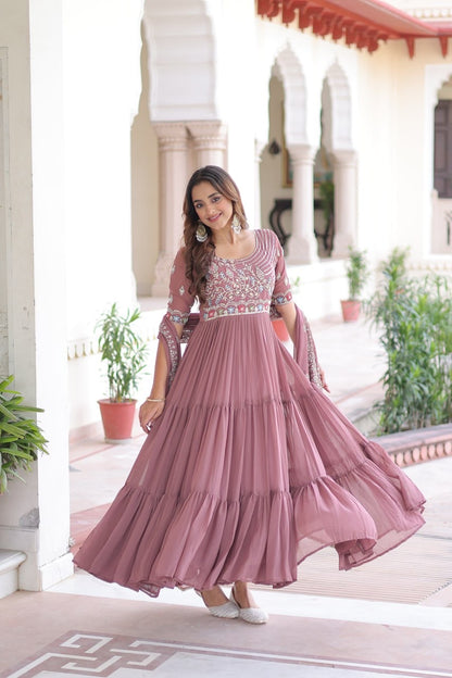 Premium Ready-Made Designer Gown with Embroidered Dupatta (dusty rose)