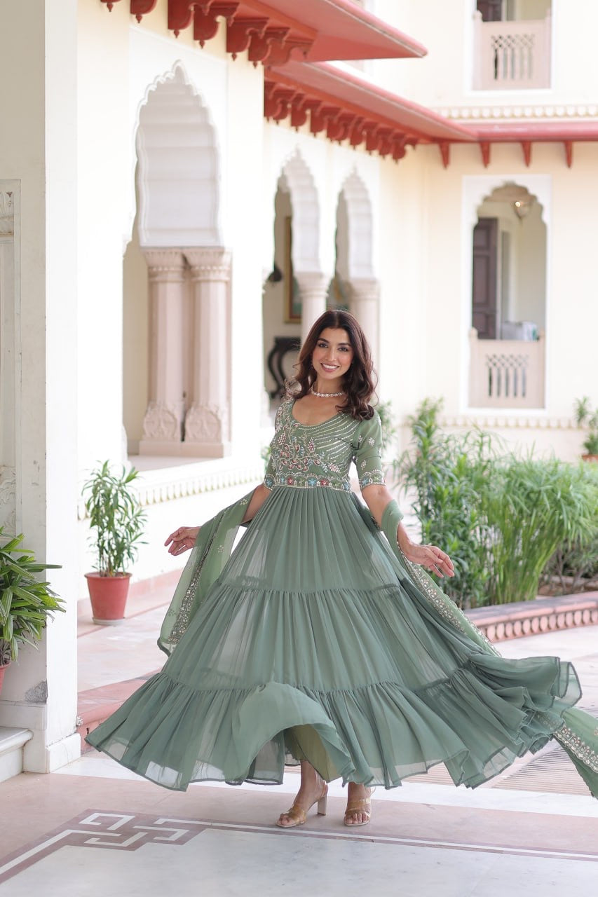 Premium Ready-Made Designer Gown with Embroidered Dupatta (pastel pista)