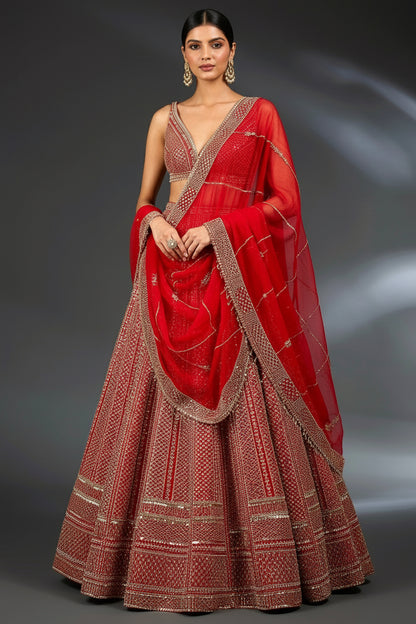 Red Party Wear Satin Lehenga with Handwork & Stitched Blouse