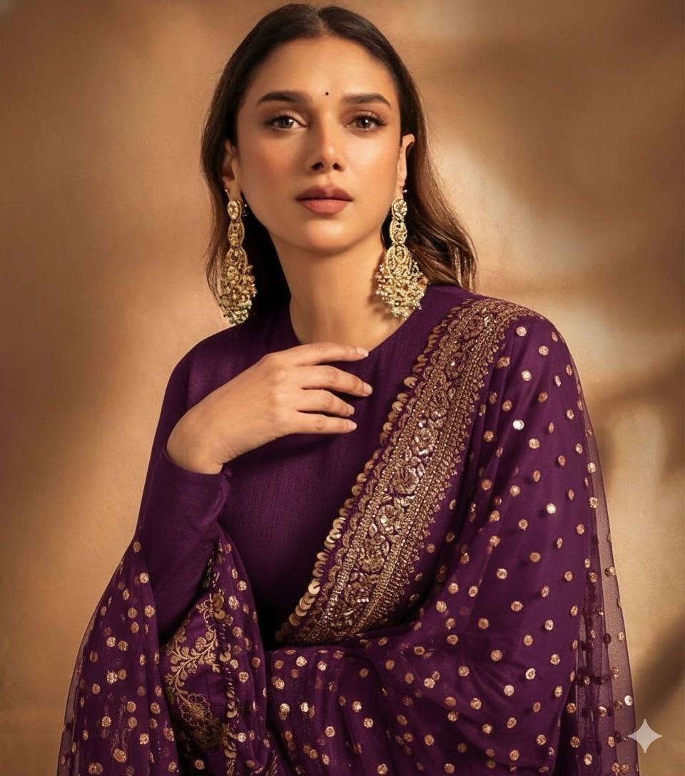 Designer Faux Georgette Gown with Embroidered Dupatta Wine