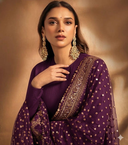Designer Faux Georgette Gown with Embroidered Dupatta Wine