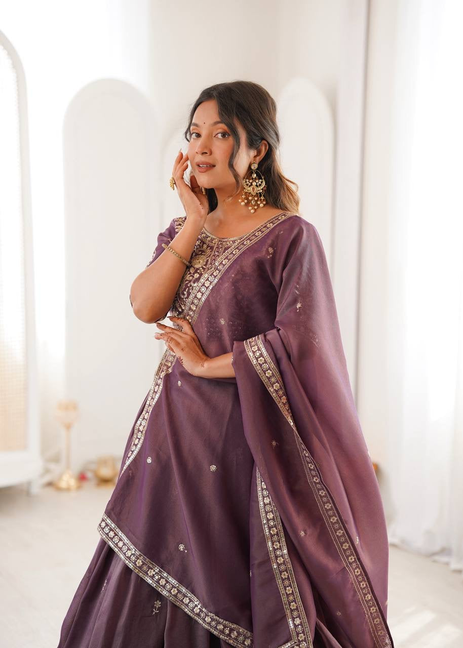 Heavy Simar Silk Lehenga Set with Thread & Sequin Work | 3-Meter Flair | Full-Stitched Wine