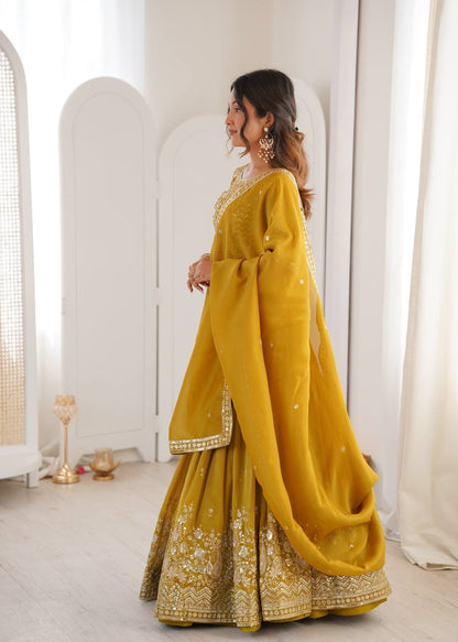 Heavy Simar Silk Lehenga Set with Thread & Sequin Work | 3-Meter Flair | Full-Stitched Yellow