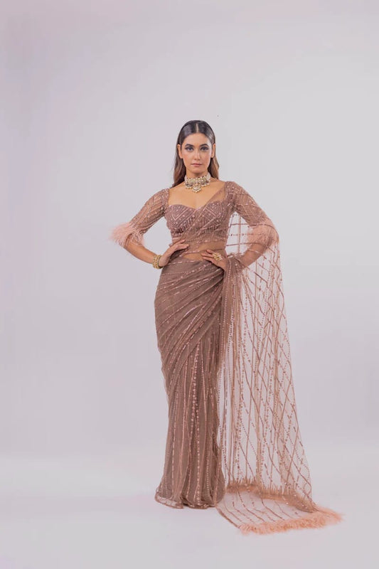 Chiku Colour sequin Work Mono Net Saree With Stitched Blouse - Yashodhara Lifestyle