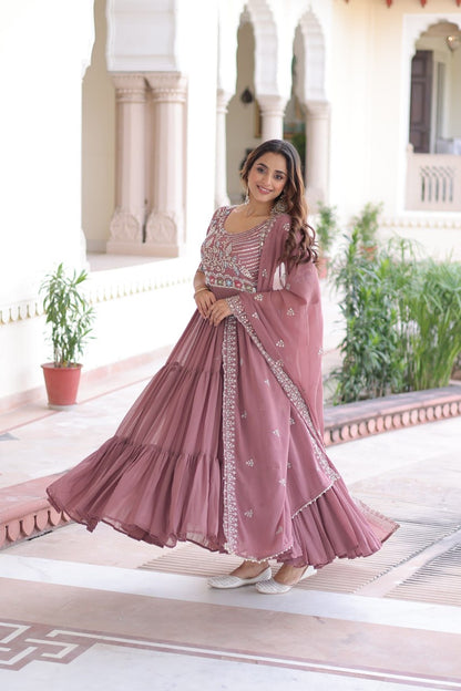 Premium Ready-Made Designer Gown with Embroidered Dupatta (dusty rose)