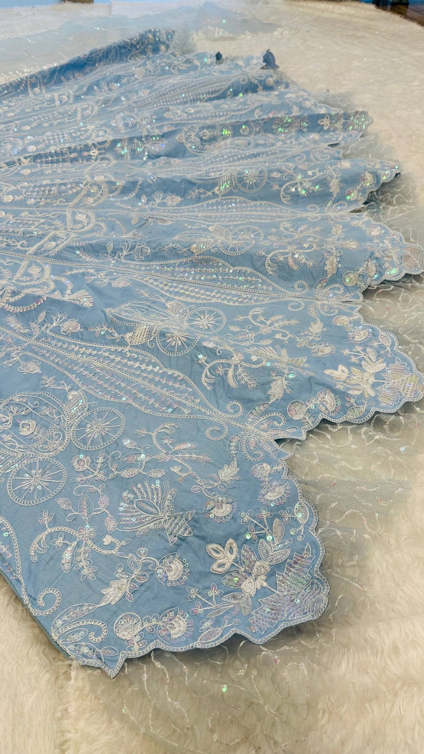Powder Blue Slub Silk Lehenga Set with Resham Dori & Rainbow Sequin Work | 3.25 Meter Flair